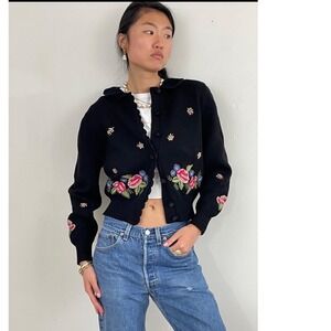 HERMAN GEIST Vintage Hand Embroidered Black Wool Acrylic Blend Floral Cardigan L